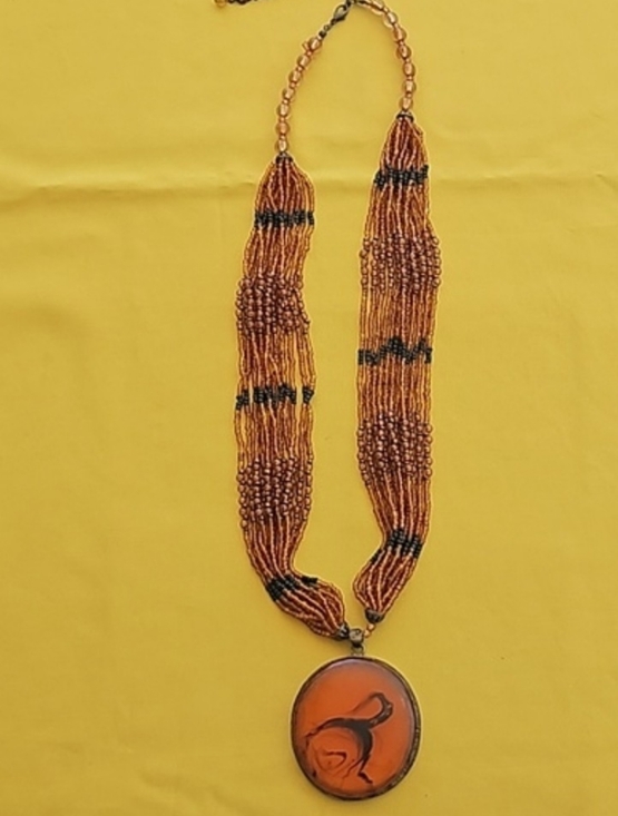 Source Unknown Jewelry - Vintage Costume Jewelry - Amber Like Pendant & Beaded Statement Necklace